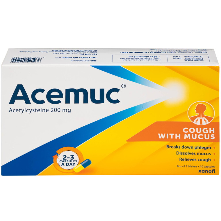 Thuốc Acemuc 200mg Sanofi long đàm, tiêu nhầy, giảm ho (3 vỉ x 10 viên)