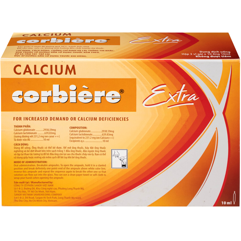 Dung dịch uống Calcium Corbière Extra Sanofi bổ sung canxi, hỗ trợ điều trị loãng xương (3 vỉ x 10 ống x 10ml)