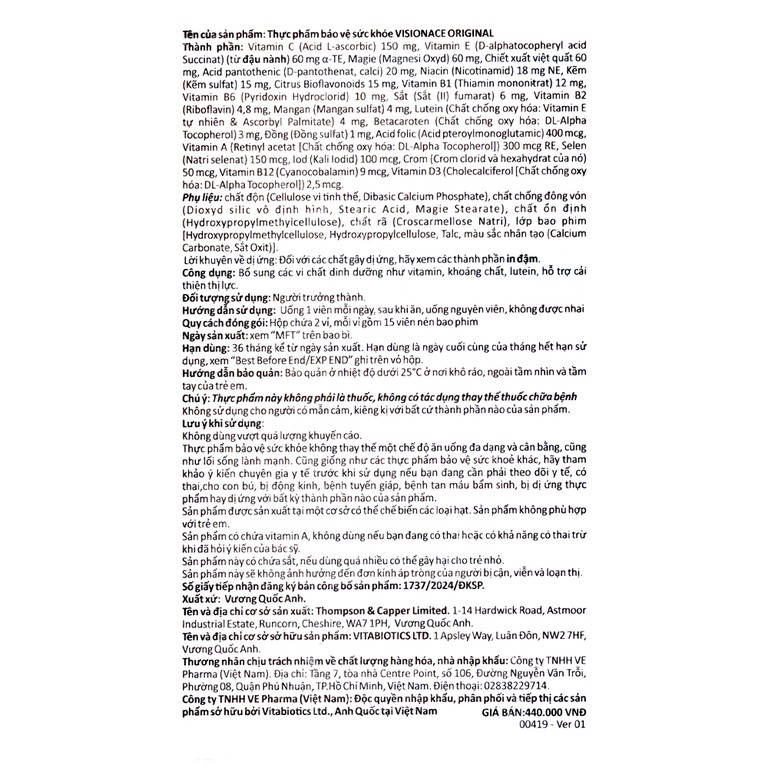 Viên uống Visionace Original Vitabiotics bổ sung vitamin, khoáng chất, lutein, hỗ trợ cải thiện thị lực (2 vỉ x 15 viên)