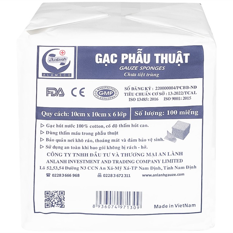 Gạc phẫu thuật An Lành 10cm x 10cm x 6 lớp Alameco dùng thấm máu trong phẫu thuật (100 miếng)