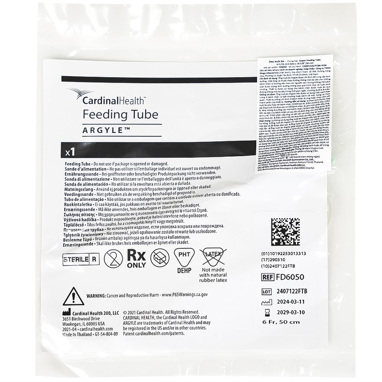 Ống nuôi ăn Argyle Feeding Tube 50cm 6Fr Fd6050 Cardinal Health qua đường thông mũi/dạ dày