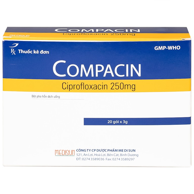 Bột pha hỗn dịch uống Compacin 250mg Medisun dùng cho các nhiễm khuẩn do các vi khuẩn nhạy cảm (20 gói)