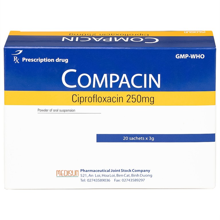 Bột pha hỗn dịch uống Compacin 250mg Medisun dùng cho các nhiễm khuẩn do các vi khuẩn nhạy cảm (20 gói)