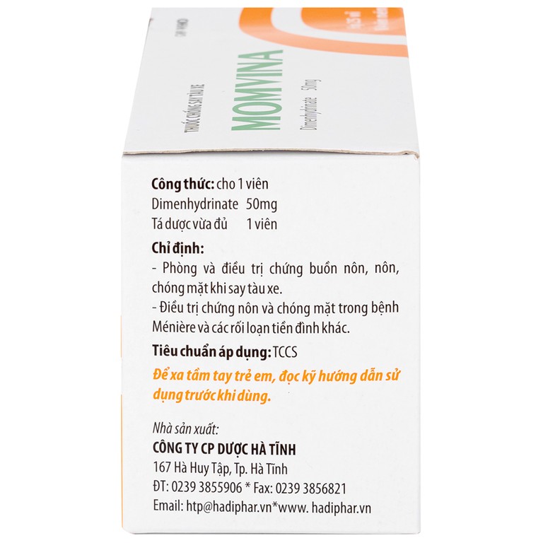 Thuốc chống say tàu xe Momvina Hadiphar điều trị chứng buồn nôn, nôn, chóng mặt (25 vỉ x 4 viên)