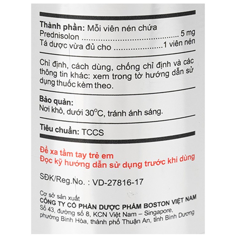 Thuốc Prednisolon Boston điều trị các rối loạn viêm và dị ứng (200 viên)