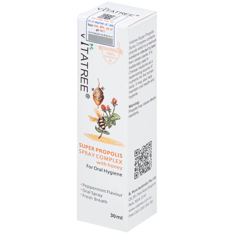 Xịt keo ong Vitatree Super Propolis Spray Complex With Honey hỗ trợ chống oxy hóa, giảm đau rát họng (30ml)
