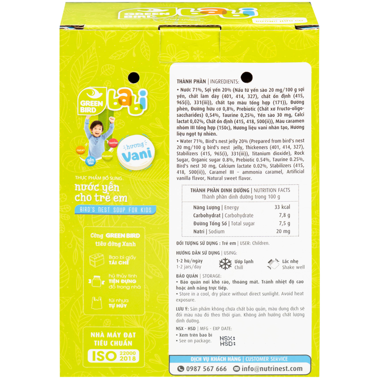 Nước Yến Sào Cho Trẻ Em Hương Vani Greenbabi (4 hũ x 72g)