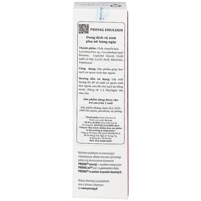 Dung dịch vệ sinh phụ nữ Provag Emulsion Biomed hỗ trợ giảm viêm nhiễm, kháng khuẩn (150ml)