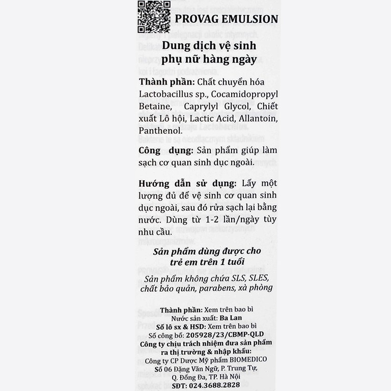 Dung dịch vệ sinh phụ nữ Provag Emulsion Biomed hỗ trợ giảm viêm nhiễm, kháng khuẩn (150ml)