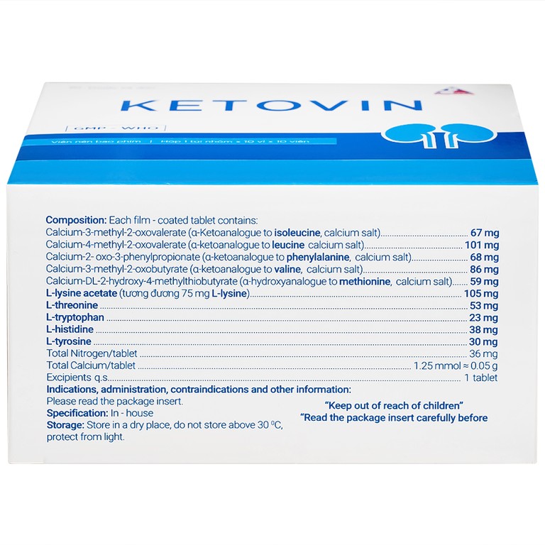Thuốc Ketovin Vinphaco phòng ngừa và điều trị rối loạn chuyển hóa protein trong suy thận mạn (10 vỉ x 10 viên)