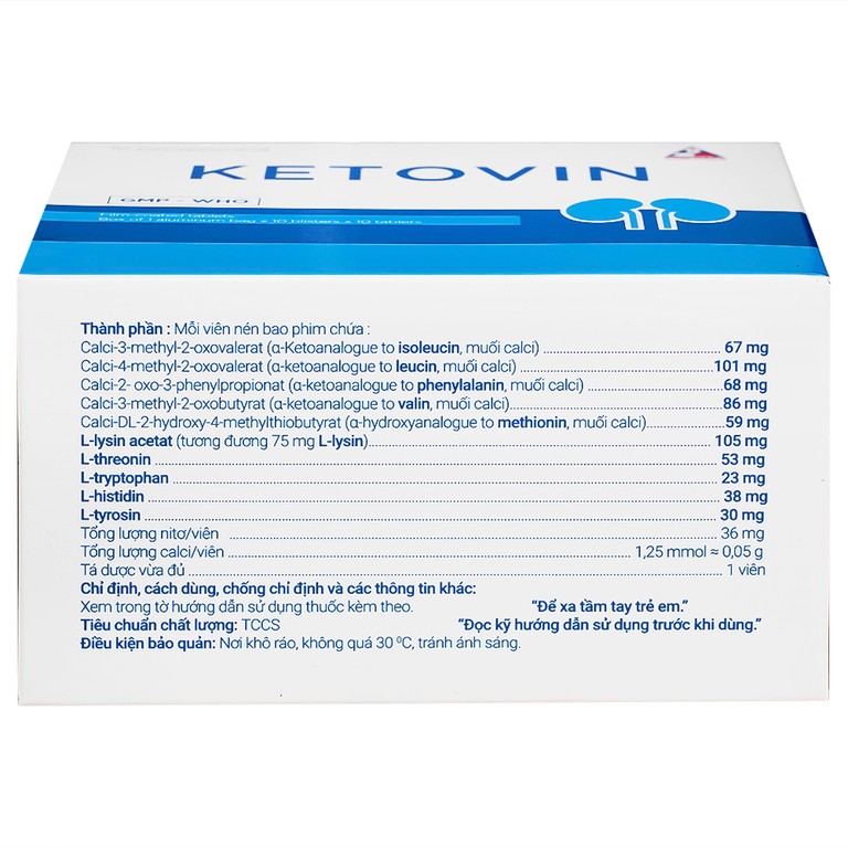 Thuốc Ketovin Vinphaco phòng ngừa và điều trị rối loạn chuyển hóa protein trong suy thận mạn (10 vỉ x 10 viên)