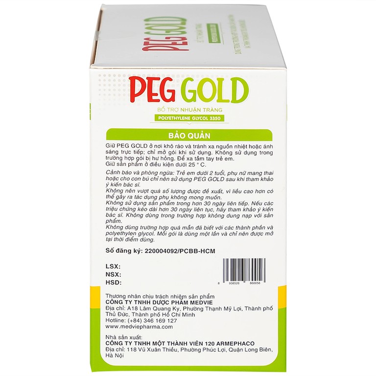 Bột pha uống Peg Gold Medvie Armephaco bổ trợ nhuận tràng (30 gói)