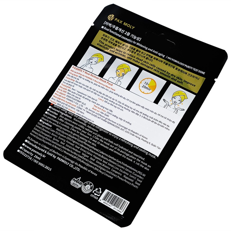 Mặt nạ giấy Pax Moly Real Retinol dưỡng ẩm, mềm mịn, săn chắc da (10 miếng)