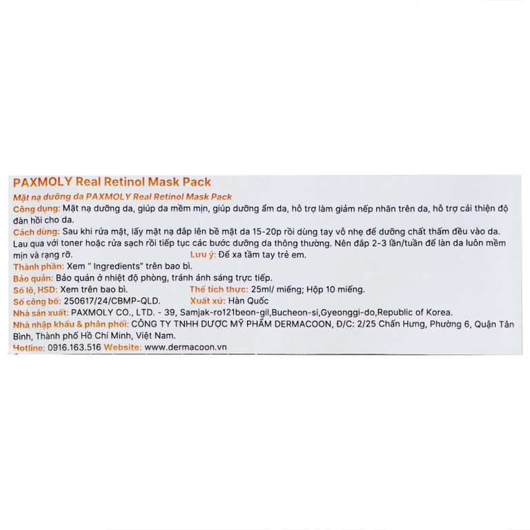 Mặt nạ giấy Pax Moly Real Retinol dưỡng ẩm, mềm mịn, săn chắc da (10 miếng)