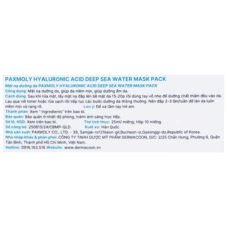 Mặt nạ Pax Moly Hyaluronic Acid Deep Sea Water Mask Pack dưỡng ẩm, sáng da và chống lão hóa (10 miếng)