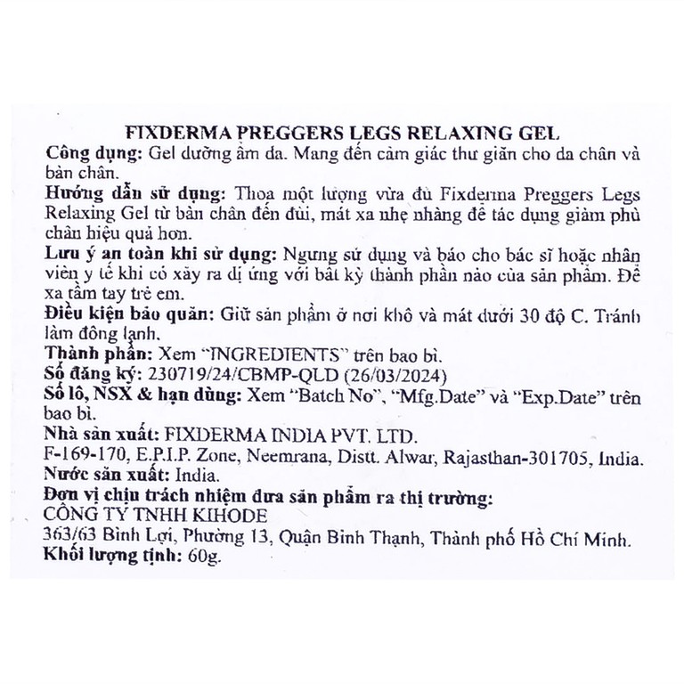 Gel Preggers Leg Relaxing 60g Fixderma dưỡng ẩm, giảm chuột rút, phù nề, giãn tĩnh mạch chân cho bà bầu 