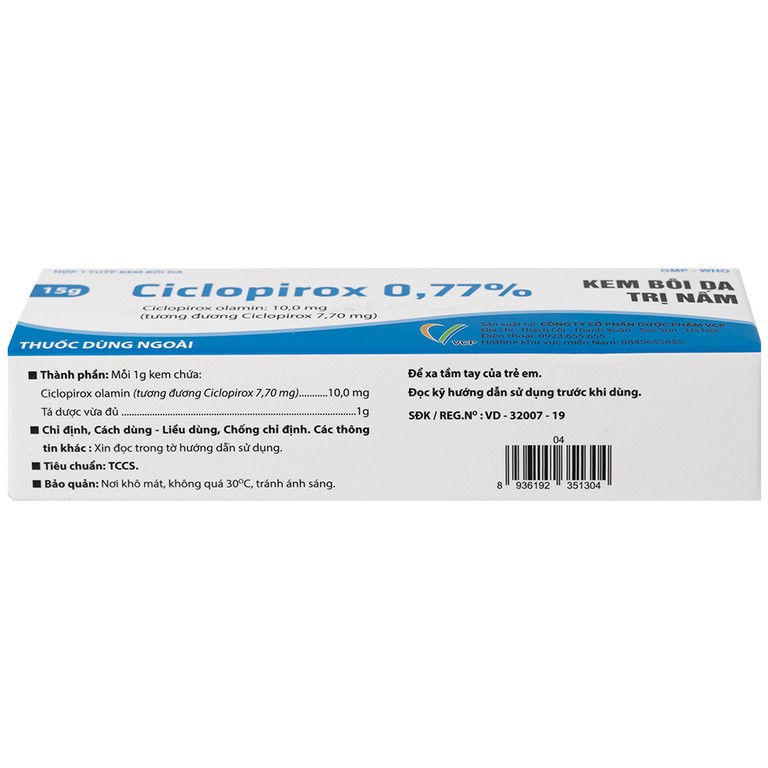 Kem bôi da Ciclopirox 0,77% VCP điều trị nấm da chân, nấm da đùi và nấm da toàn thân (15g)