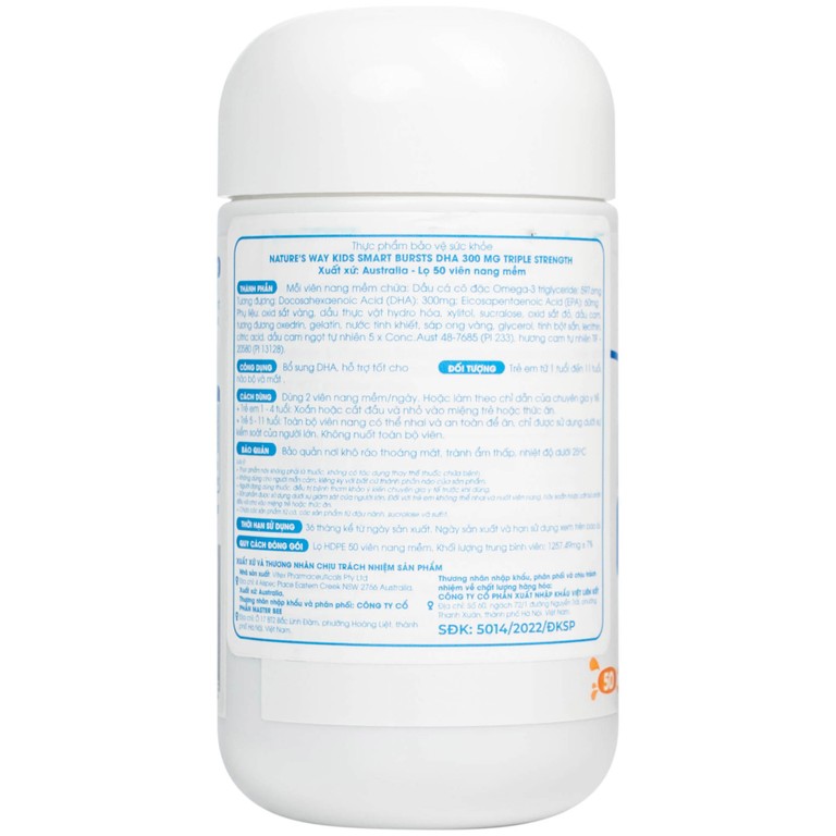 Viên nhai Nature's Way Kids Smart Bursts DHA 300mg Triple Strength hỗ trợ phát triển não bộ (50 viên)