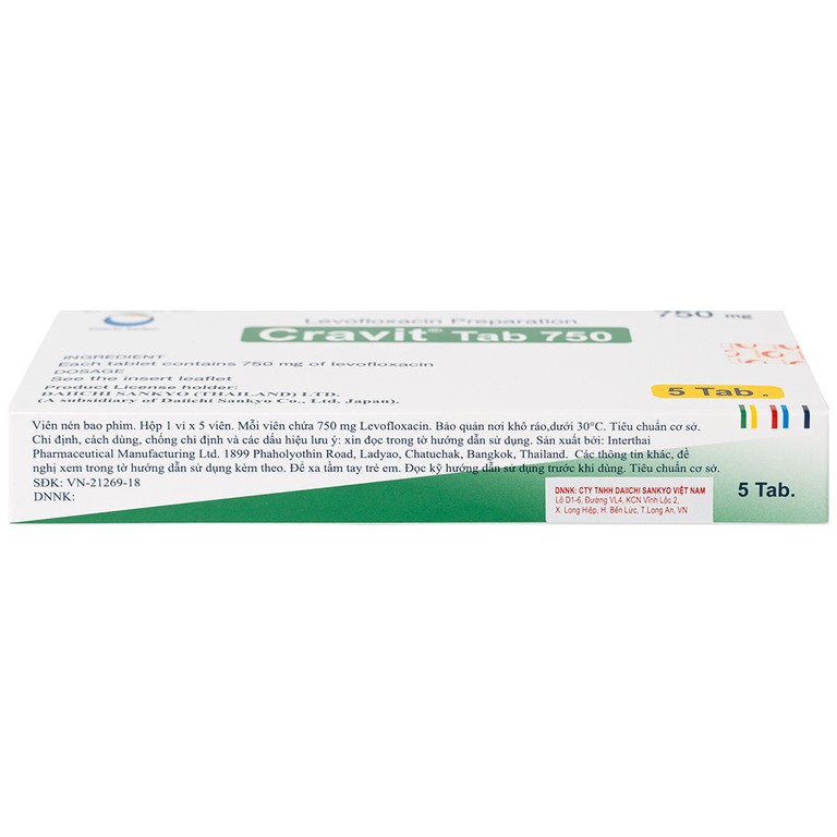 Thuốc Cravit Tab 750mg Interthai Pharm điều trị nhiễm khuẩn nhẹ, trung bình và nặng (1 vỉ x 5 viên)