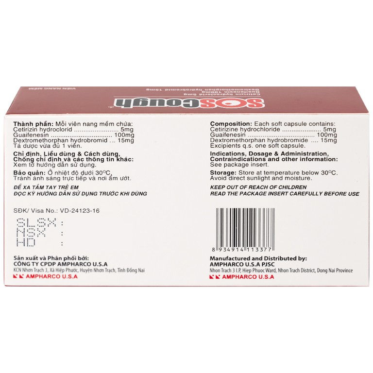 Thuốc SOSCough Ampharco điều trị ho khan, ho do kích ứng (3 vỉ x 10 viên)