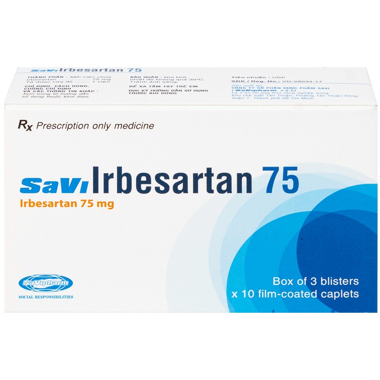 Thuốc SaVi Irbesartan 75 SaviPharm điều trị tăng huyết áp, bệnh thận (3 vỉ x 10 viên)