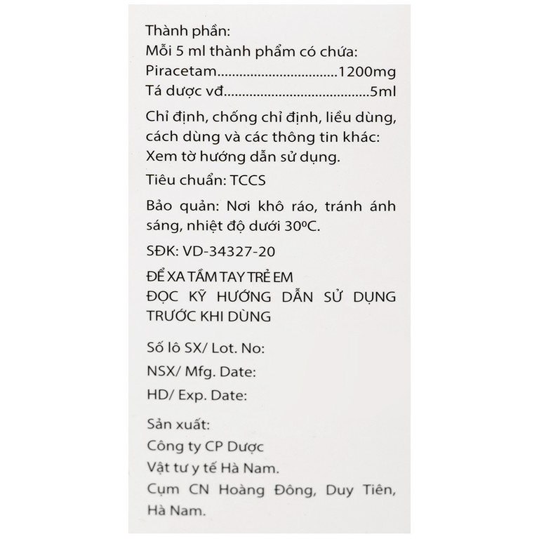 Thuốc Pidoncam 1200mg/5ml Hà Nam điều trị triệu chứng chóng mặt, suy giảm trí nhớ (20 ống x 10ml)