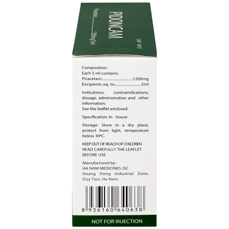 Thuốc Pidoncam 1200mg/5ml Hà Nam điều trị triệu chứng chóng mặt, suy giảm trí nhớ (20 ống x 10ml)