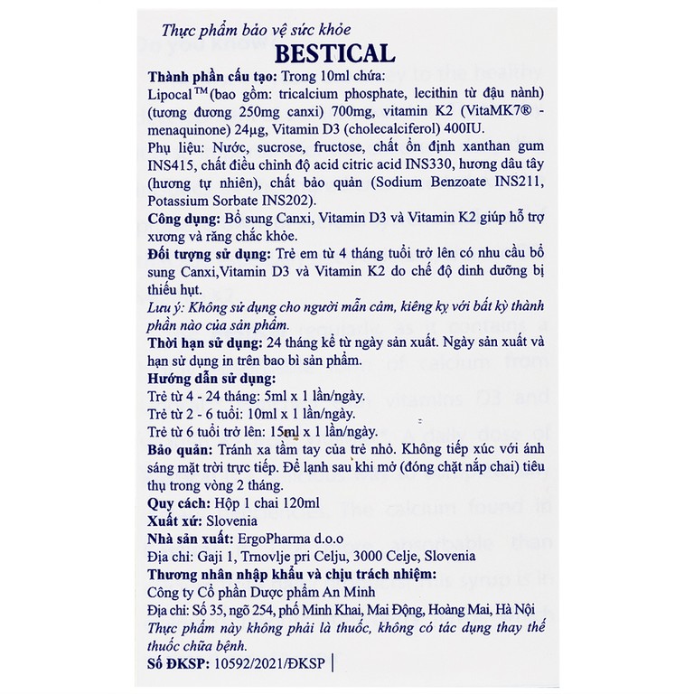 Dung dịch Bestical 120ml Ergo Pharma bổ sung canxi, vitamin D3 và vitamin K2