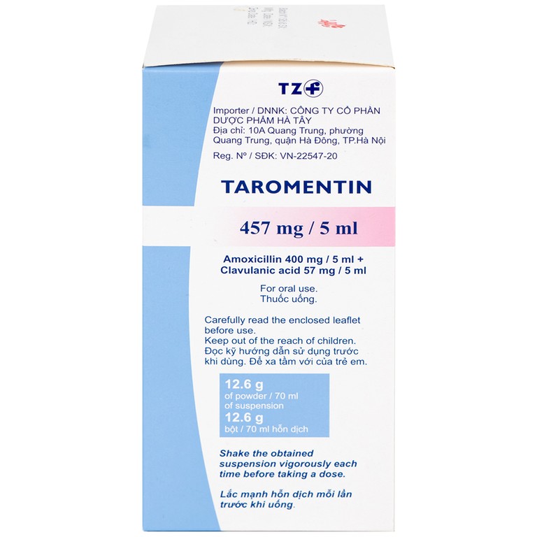 Bột hỗn dịch uống Taromentin 457mg/5ml điều trị nhiễm trùng viêm xoang, tai giữa, đường hô hấp (12.6g)
