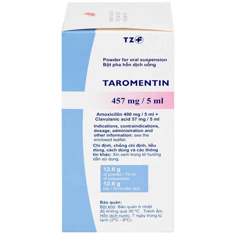 Bột hỗn dịch uống Taromentin 457mg/5ml điều trị nhiễm trùng viêm xoang, tai giữa, đường hô hấp (12.6g)