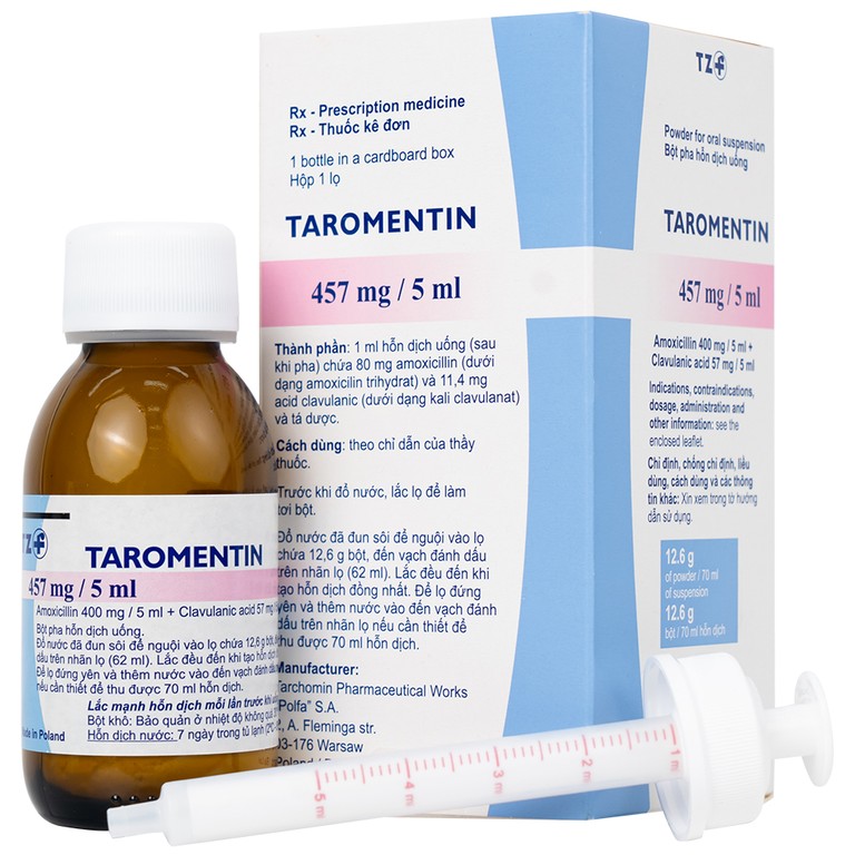 Bột hỗn dịch uống Taromentin 457mg/5ml điều trị nhiễm trùng viêm xoang, tai giữa, đường hô hấp (12.6g)