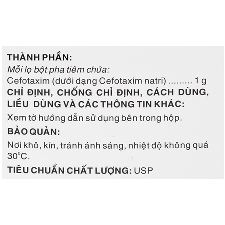 Bột pha tiêm Cefotaxone 1g Bidiphar điều trị các bệnh nhiễm khuẩn nặng (10 lọ)