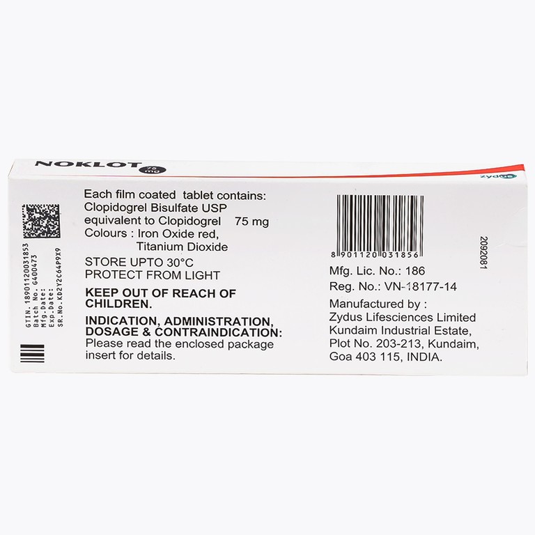 Thuốc Noklot 75mg Zydus phòng ngừa biến cố xơ vữa động mạch (3 vỉ x 10 viên)