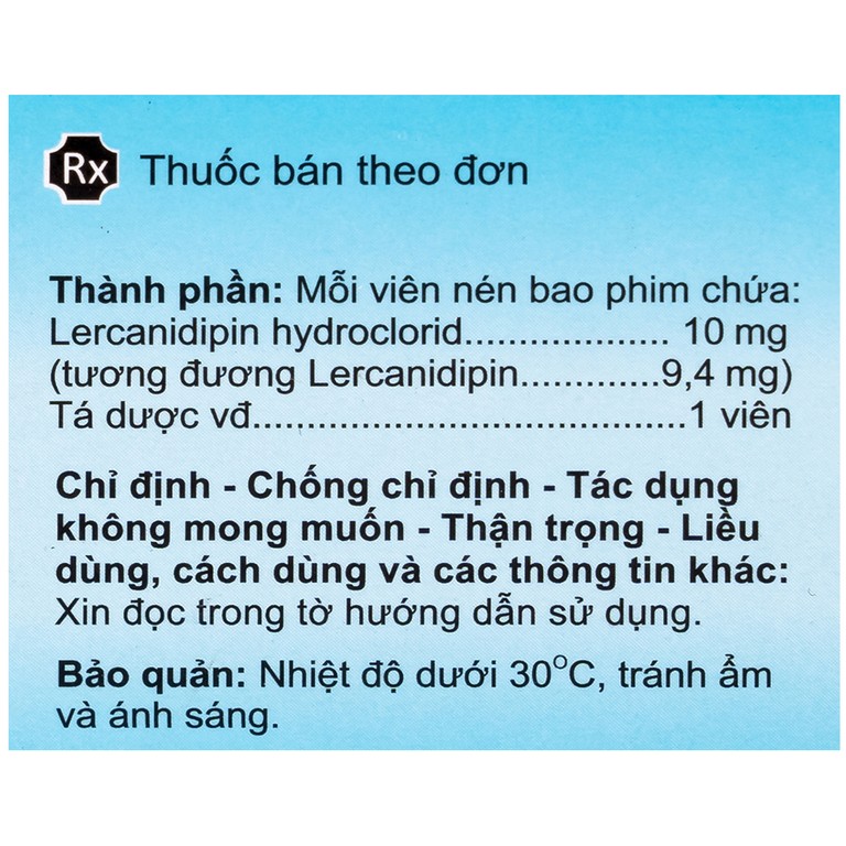 Thuốc Lercanipin 10 Agimexpharm điều trị tăng huyết áp (3 vỉ x 10 viên)