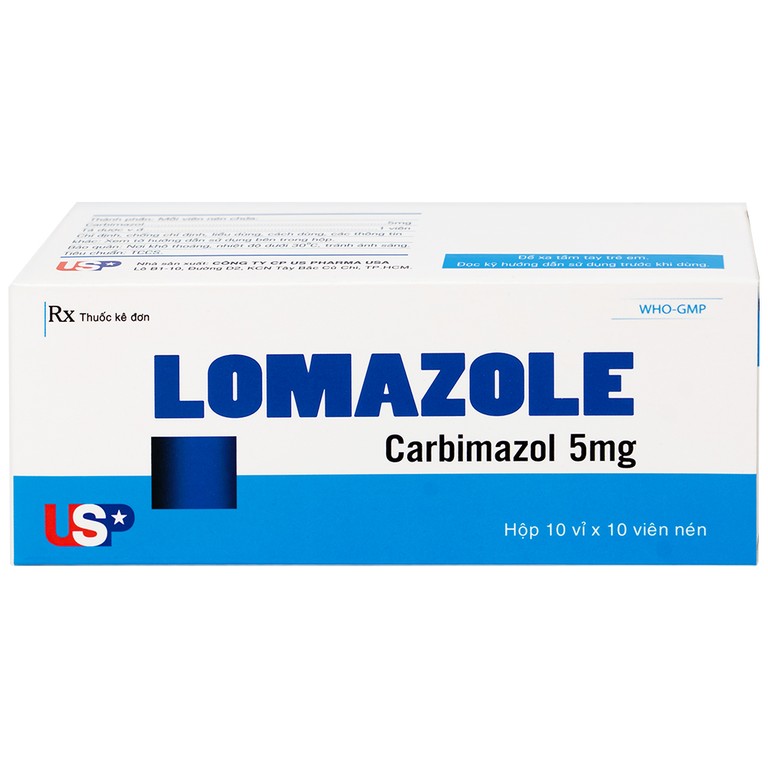 Thuốc Lomazole 5mg US Pharma điều trị bệnh Basedow, nhiễm độc tuyến giáp, cường giáp khi thai nghén (10 vỉ x 10 viên)