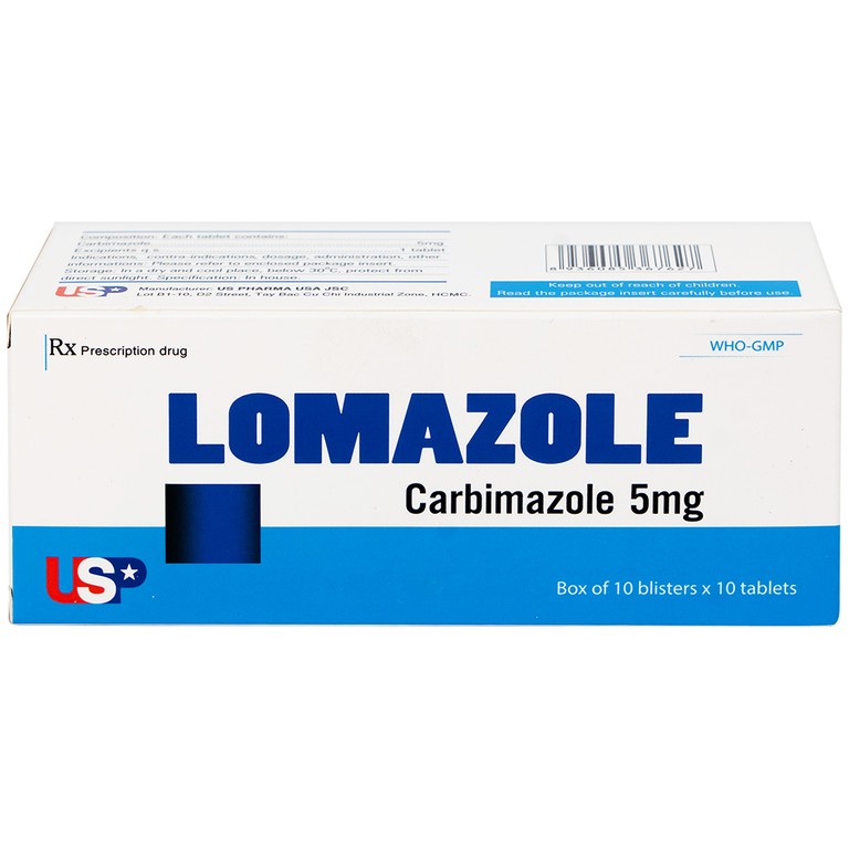 Thuốc Lomazole 5mg US Pharma điều trị bệnh Basedow, nhiễm độc tuyến giáp, cường giáp khi thai nghén (10 vỉ x 10 viên)