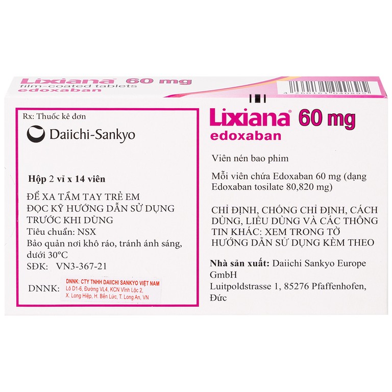 Thuốc Lixiana 60mg Daiichi-Sankyo phòng ngừa đột quỵ và cục máu đông (2 vỉ x 14 viên)