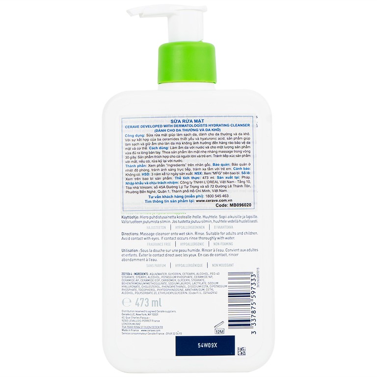 Sữa rửa mặt CeraVe Hydrating Cleanser dành cho da thường và da khô (473ml)