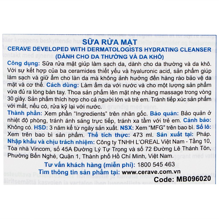 Sữa rửa mặt CeraVe Hydrating Cleanser dành cho da thường và da khô (473ml)