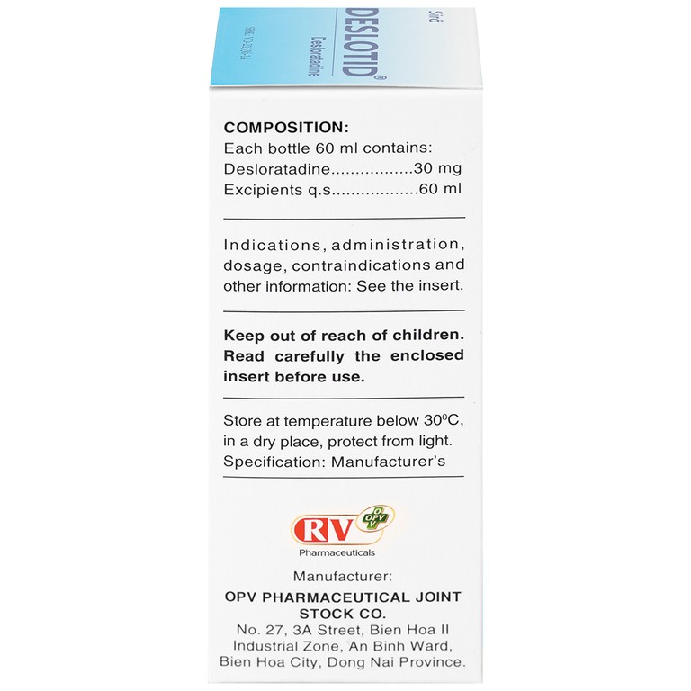 Siro Deslotid OPV trị viêm mũi dị ứng, phản ứng dị ứng da (60ml)