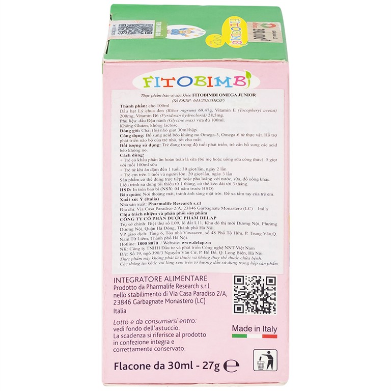 Siro Fitobimbi Omega Junior Gocce Pharmalife bổ sung acid béo không no Omega-3, Omega-6 (30ml)