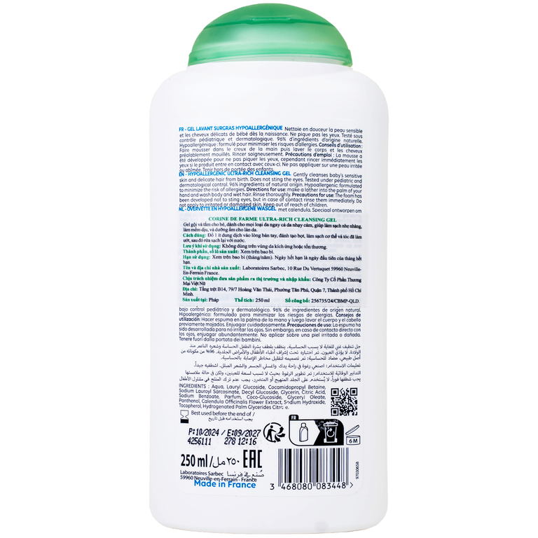 Gel tắm gội cho bé Corine de Farme Baby Ultra Rich Cleansing Gel dịu nhẹ dành cho mọi loại da (250ml)