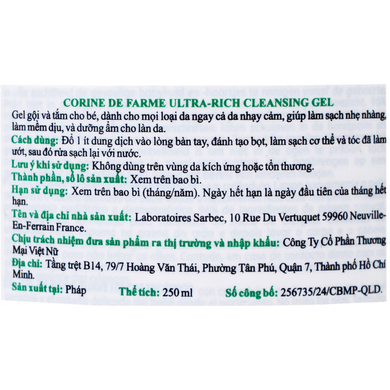 Gel tắm gội cho bé Corine de Farme Baby Ultra Rich Cleansing Gel dịu nhẹ dành cho mọi loại da (250ml)