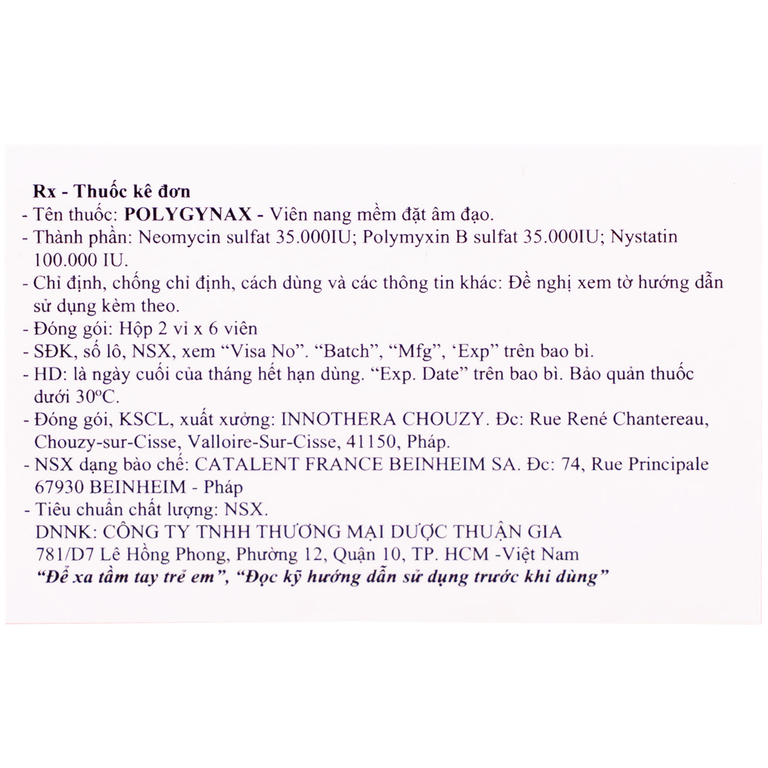 Viên đặt âm đạo Polygynax Innothera Chouzy điều trị viêm âm đạo, âm hộ - âm đạo (2 vỉ x 6 viên)