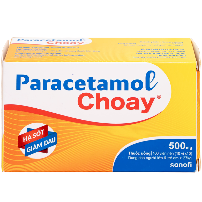 Viên nén Paracetamol Choay 500mg Sanofi điều trị triệu chứng đau từ nhẹ đến vừa, sốt (10 vỉ x 10 viên)
