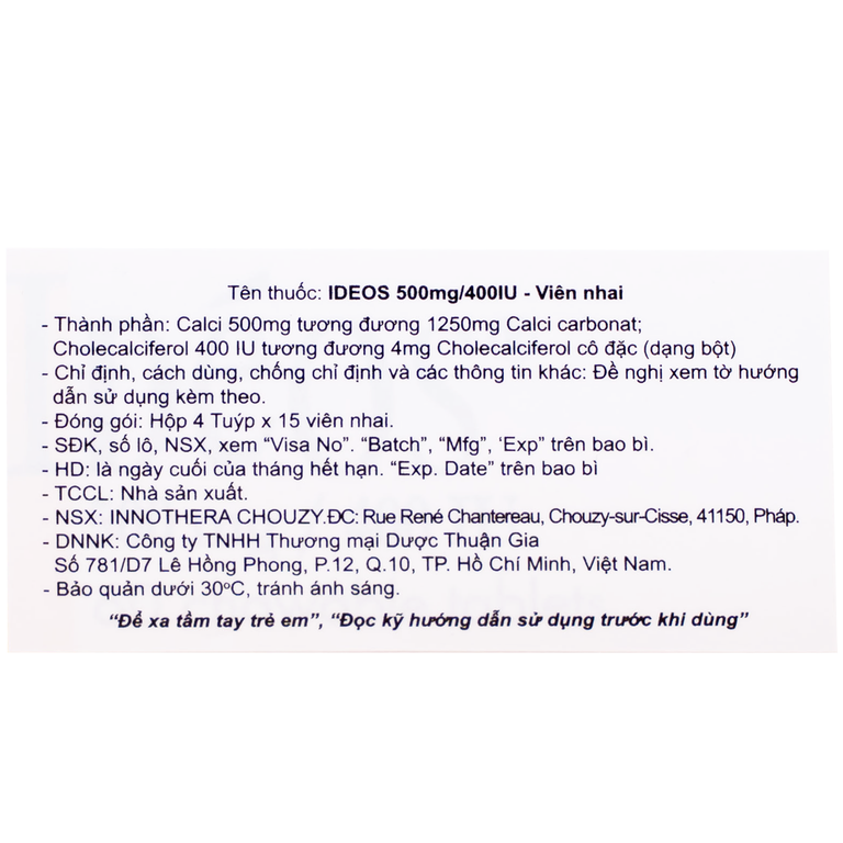 Thuốc Idéos 500mg/400IU Innotech bổ sung Vitamin D và Canxi, điều trị bệnh loãng xương (4 tuýp x 15 viên)
