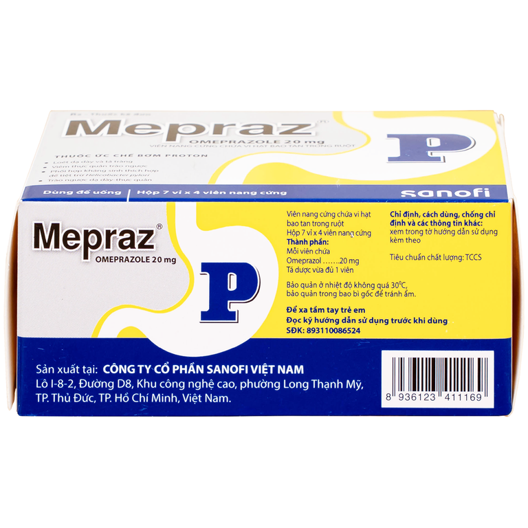 Viên nang cứng Mepraz 20mg Sanofi điều trị loét dạ dày tá tràng, viêm thực quản trào ngược (7 vỉ x 4 viên)