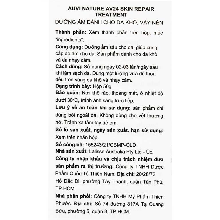 Kem dưỡng ẩm Auvi Nature AV24 Skin Repair Treatment 50g dành cho da khô và nhạy cảm