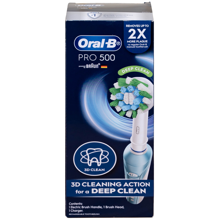 Bàn chải đánh răng điện Oral-B Pro 500 Crossaction loại bỏ các mảng bám và vết ố trên răng
