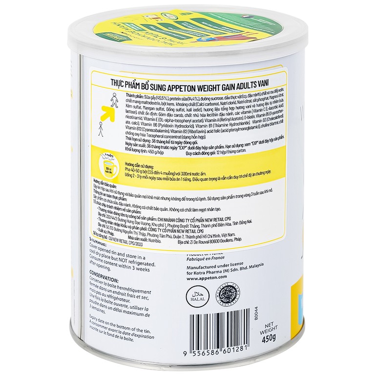 Sữa tăng cân Appeton Weight Gain hương Vani giúp tăng cân hiệu quả và khỏe mạnh (450g)